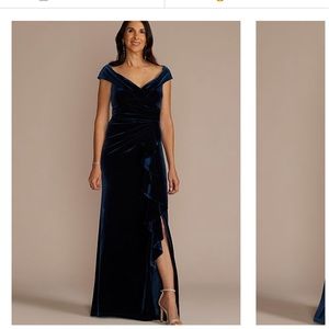 OLEG CASSINI
velvet off-the-shoulder sheath with ruffle